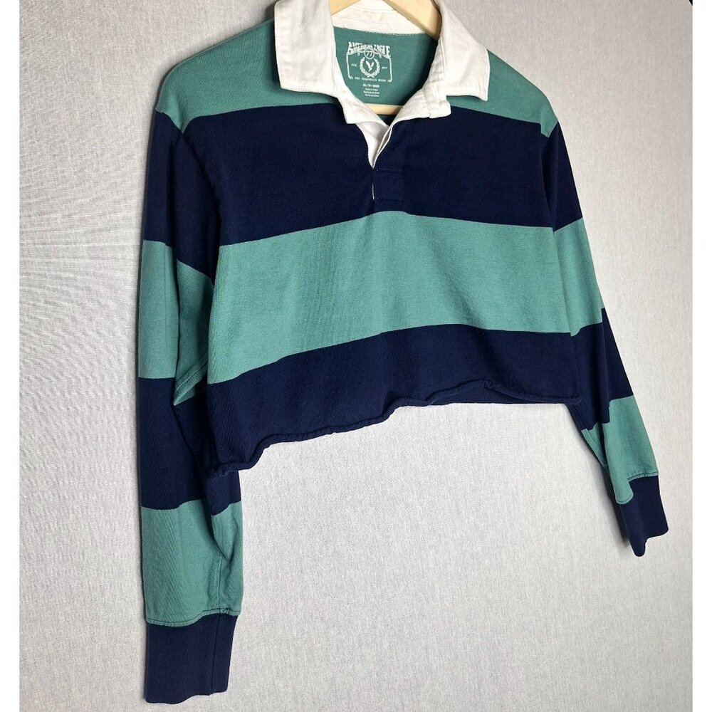 💙 American Eagle Oversized Rugby Shirt Cropped Size XS/S Trendy Cute Outfit - Picture 5 of 8